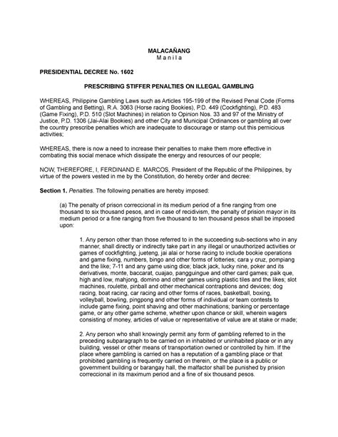 how much is the bail for illegal gambling in philippines|Presidential Decree No.1602 .